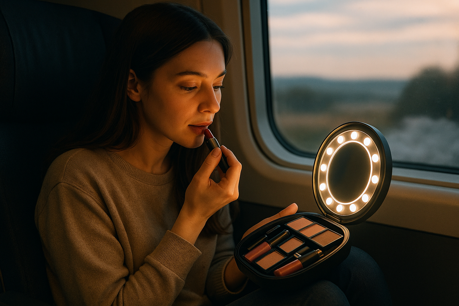 make a image of a girl putting on makeup while she’s traveling but for the mirror of the makeup kit put a circle mirror with led lights 
