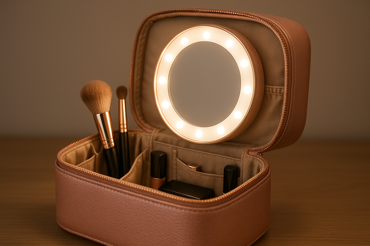 Makeup bag with a circle mirror with led lights 